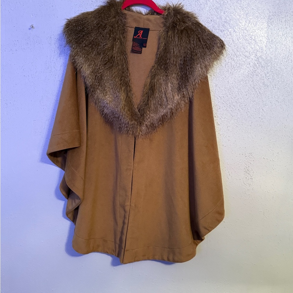 Adrienne Landau Tan Poncho with Faux Fur Trim